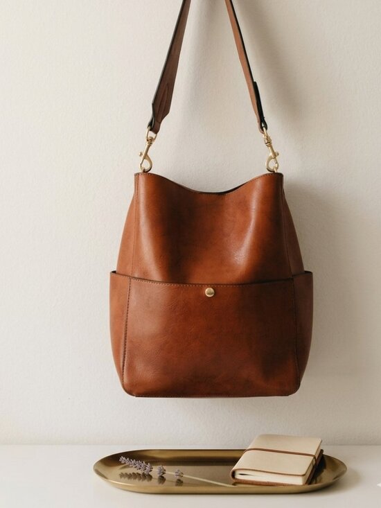 NO BRAND Handbags - Minimalist Brown Vegan Leather Hobo Bag | Multi-Pocket Slouchy Shoulder Bag